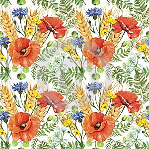 Watercolor red poppy and wheat in a meadow seamless pattern on white background. Wild flowers botanical print