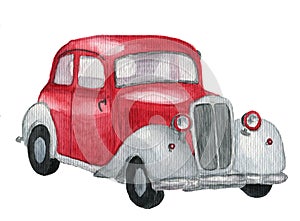 Watercolor red retro car. Hand drawn vintage automobile on white background. Transportation illustration for design