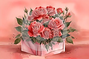 Watercolor red rose bouquet in a pink box