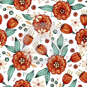 Watercolor red rose and daisy flower brunches seamless pattern
