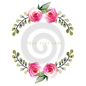 Watercolor red roses and green branches wreath, hand drawn on a white background