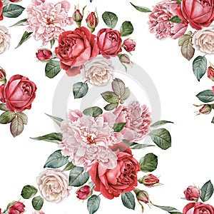 Watercolor red roses and peonies. Seamless pattern