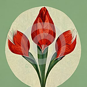 Watercolor red tulip flowers. Digital vintage styled generated illustration