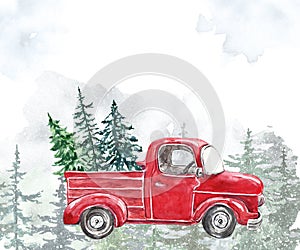 Watercolor winter illustration with hand painted Christmas red pickup truck and holiday fir trees. Holiday artistic background