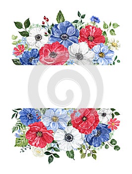 Watercolor red, white and blue floral frame. Holiday botanical border. 4th of July invitation template