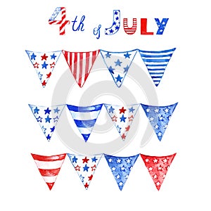 Watercolor red, white, and blue patriotic flag bunting,for the 4th of July, memorial and Independence day. Patriotic flags garland