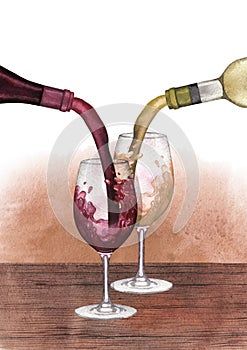 Watercolor red, white and rose wines pouring from bottles into glasses standing on a wooden table