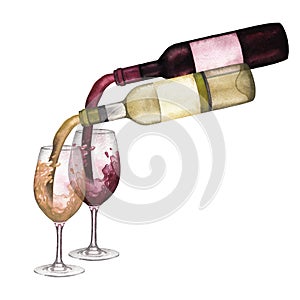 Watercolor red, white and rose wines pouring from bottles into glasses standing on a wooden table