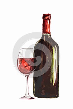 Watercolor red wine bottle.