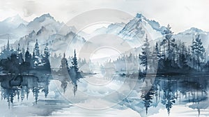 Watercolor reflection of mountains and trees in cool tones.