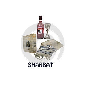 Watercolor religious jewish symbols for shabbath and kiddush