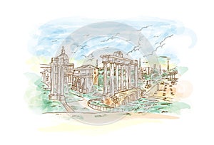 Watercolor Remains of temples in Foro Romano photo