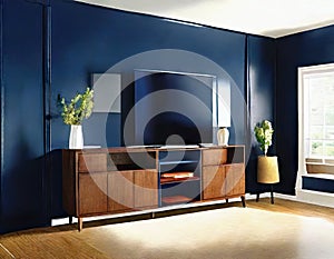 Watercolor of rendered television stand against dark blue living room