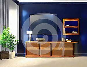 Watercolor of rendered television stand against dark blue living room