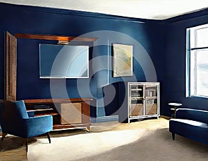 Watercolor of rendered television stand against dark blue living room