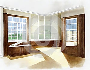 Watercolor of rendering of a house cut and revealed with interior furniture and designs laid out on a white