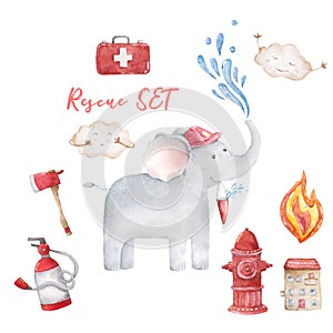 Watercolor rescue kit. Little Heroes the fire rescue funny cartoon, Elephant hand drawn colorful illustration on white background