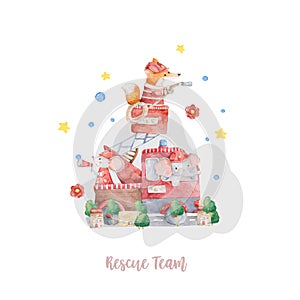 Watercolor rescue kit. Little Heroes the fire rescue funny cartoon, hand drawn colorful cartoon illustration on white background.