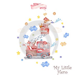 Watercolor rescue kit. Little Heroes the fire rescue funny cartoon, hand drawn colorful illustration on white background