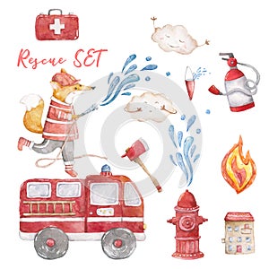 Watercolor rescue kit. Little Heroes the fire rescue funny cartoon, hand drawn colorful illustration on white background. Cute