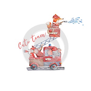 Watercolor rescue kit. Little Heroes the fire rescue funny cartoon, hand drawn colorful illustration on white background. Cute