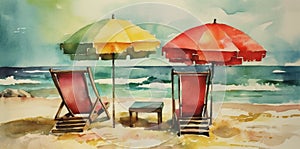 watercolor resort vacation background rest summer sun beach chair umbrella relax. Generative AI.