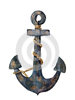Watercolor retro anchor with rope. Illustration isolated on white background. For design, prints or background