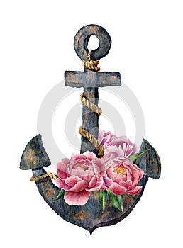 Watercolor retro anchor with rope and peony flowers.