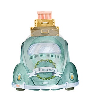 Watercolor retro beetle car with lettering for wedding invitation