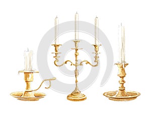 Watercolor retro candles in yellow candlesticks
