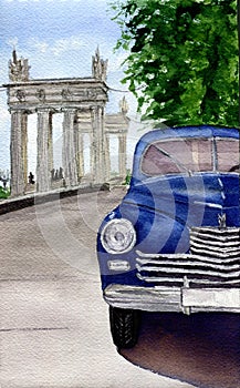 Watercolor retro car. Hand drawn vintage illustration with automobile, city and tree. For design, textile and background