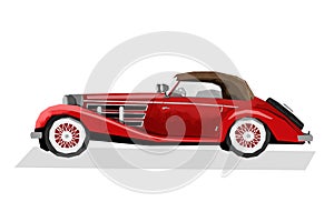 Watercolor retro car. Isolated red vintage auto. Cartoon print for kids room. Side view