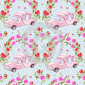 Watercolor retro cars. Hand painted retro car pattern. Wedding vintage pink car with an arch of rose flowers. Wedding