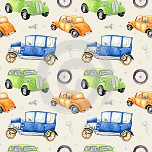 Watercolor retro cars. Seamless children's pattern with different machines. Hand painted retro car pattern. Retro