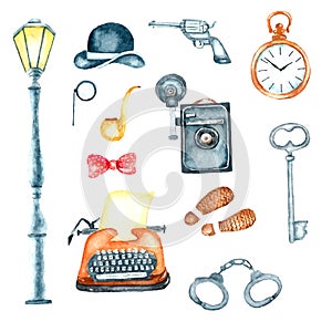 Watercolor retro detective accessories