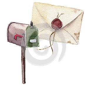 Watercolor retro envelope with sealing wax and postbox. Vintage mail icon isolated on white background. Hand painted