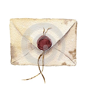 Watercolor retro envelope with sealing wax. Vintage mail icon isolated on white background. Hand painted design element