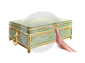 Watercolor retro green velvet jewelry box with red tassel and gold inlay