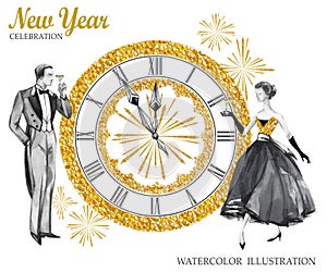 Watercolor retro illustration. Golden luxury style. Hand painted man and women with champagne, jewellery clock and