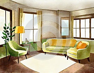 Watercolor of Retro living room with sof