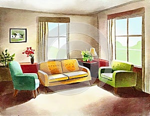 Watercolor of Retro living room with sof