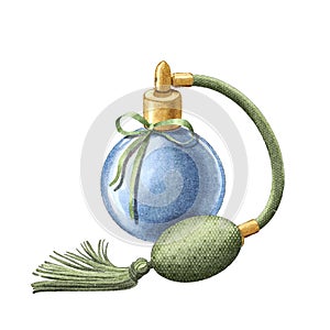 Watercolor retro perfume in vintage elegance bottle with sprayer pomp