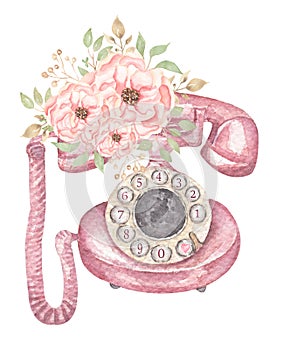Watercolor Retro phone  with Delicate florals bouquet clipart, Pink flowers and Rotating Disk Antique telephone illustration,