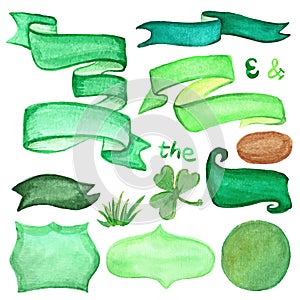 Watercolor retro ribbons and labels set.Green