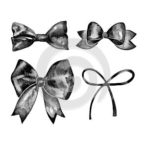 Watercolor retro satin black gift bow collection. Isolated on white