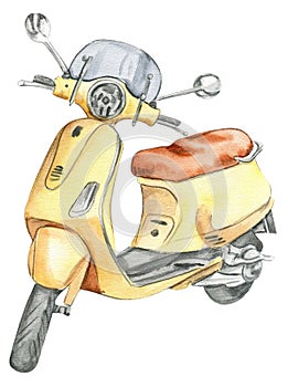 Watercolor retro scooter yellow. Hand drawn illustration. Design for baby shower party, birthday, cake, holiday celebration design