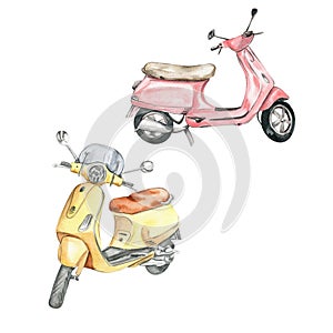 Watercolor retro scooter yellow and pink. Hand drawn illustration. Design for baby shower party, birthday, cake, holiday