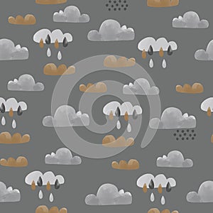 Watercolor retro style with clouds and water drops. Vintage childish vector texture. Great for fabric, textile