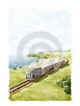 Watercolor retro train on railroad track rides through green summer meadow next to river