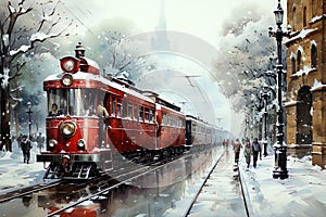 Watercolor retro vintage landscape with a Christmas train on the background of a winter city. Ai art